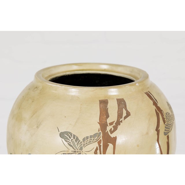 Ceramic Japanese Antique Mustard Glaze Ceramic Planter with Incised Butterfly Decor For Sale - Image 7 of 12