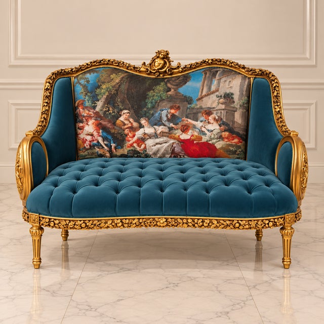 Make a dramatic statement with this French Rococo-inspired sofa, featuring rich green velvet upholstery and an elaborately...