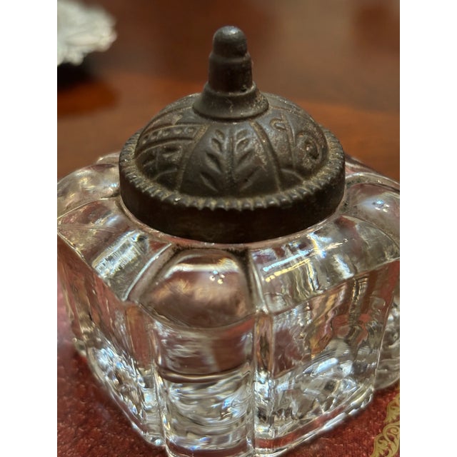 Art Deco Early 20th Century Glass Inkwell Cast Metal Top For Sale - Image 3 of 10