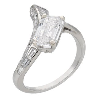 Mid Century Gia 2.69 Carat Emerald Cut Diamond Platinum Ring, Size 8 For Sale