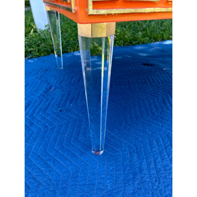 Mid-Century Modern Style High-Gloss Orange Lacquered Wood and Lucite Greek Key Coffee Table by Julio Jimenez For Sale - Image 13 of 17