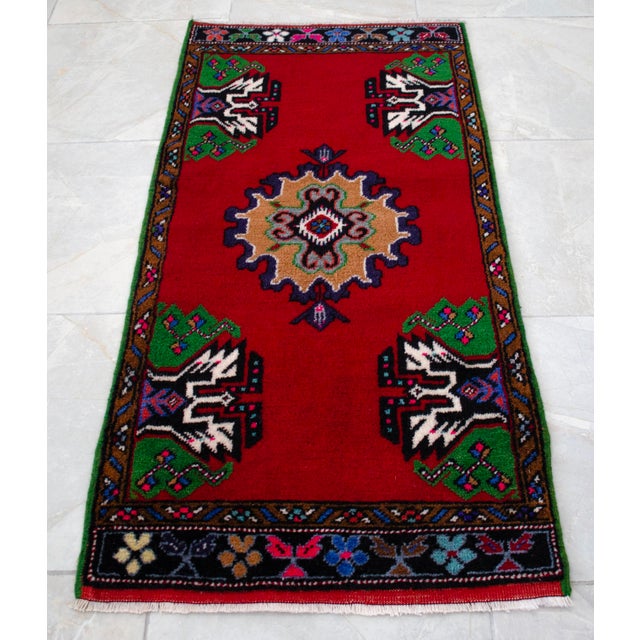 1970s Hand Made Turkish Mat Rug Small Rug Kitchen Mat Organic Wool - 1'11" X 3'10" For Sale - Image 6 of 10
