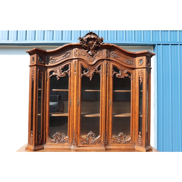 French Extremely Rare Pair of Carved Oak Louis XIV Style French Oak Vitrines C1890 For Sale - Image 3 of 7