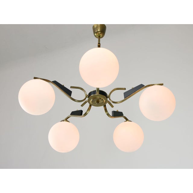 Mid-Century Modern Italian Brass and Opaline Chandelier, 1960 For Sale - Image 11 of 18