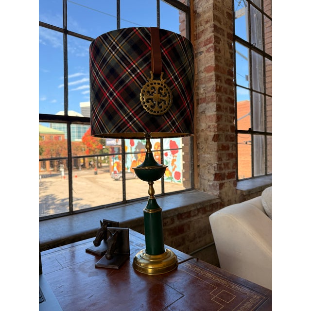 Vintage Emerald Green & Brass Table Lamp With Custom Tartan Shade and English Bridle Medallion For Sale - Image 4 of 6