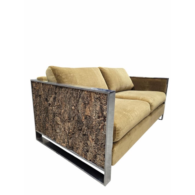 MCM Adrian Pearsall Chrome Flat-Bar Cork-Sided Sofa & Loveseat Set Newly Reupholstered For Sale - Image 10 of 12