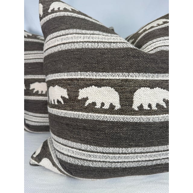 Custom pair of 22" pillows covered in Schumacher "Koda Stripe" in color coffee. These pillows have tapered corners to...