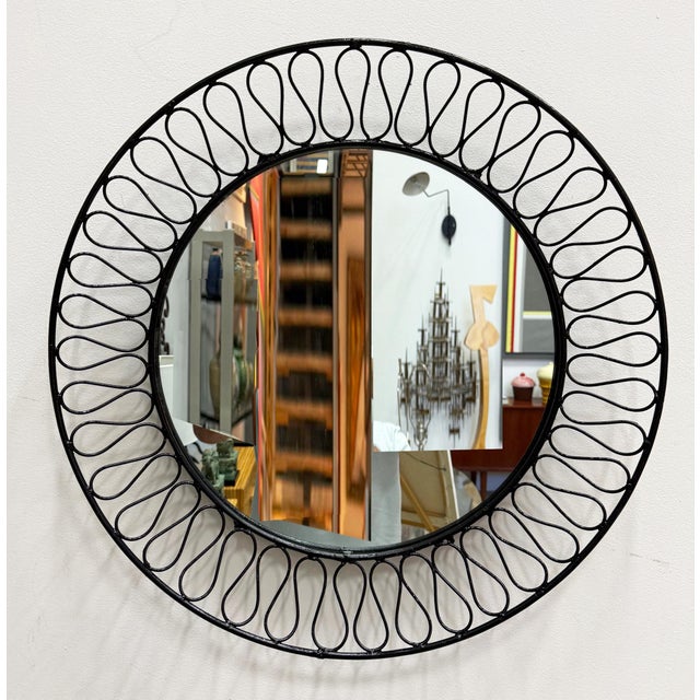 $980 Tempestini/Salterini Mid-century Ribbon Wrought Iron Mirror Offered for sale is a mid-century modern vintage Maurizio...