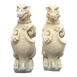 Vintage English Statues Garden Figures Gargoyles Shield Cast Stone Pair