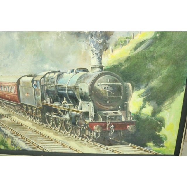 A late 20th century oil painting on board of a steam locomotive and surrounding landscape. The artist's signature is...