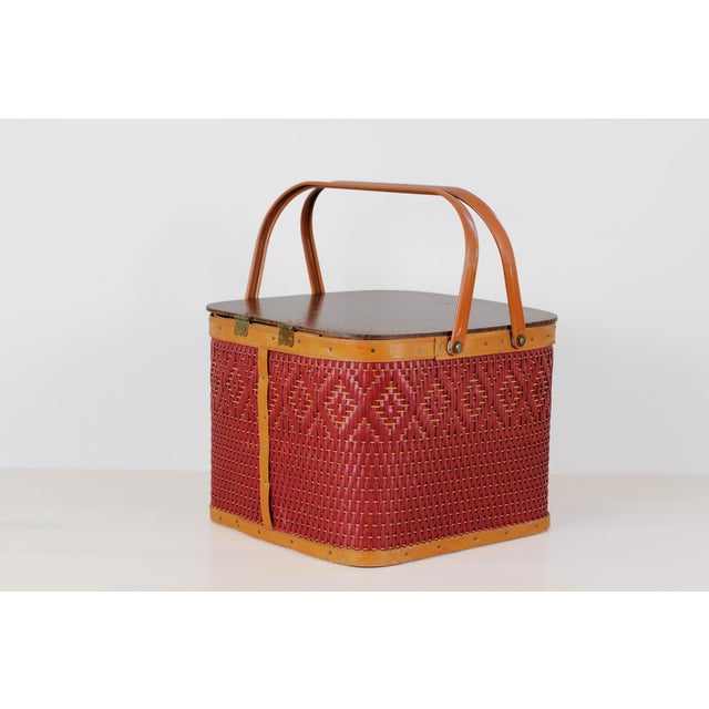 Mid-Century Red Woven Picnic Basket With Lid and Handles For Sale - Image 9 of 17