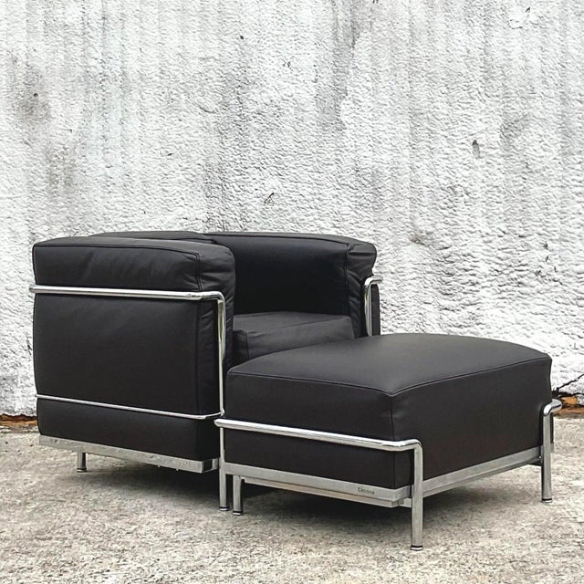 Vintage Italian Contemporary Cassina Lc2 Petite Modele Corbusier Leather Chair and Ottoman For Sale - Image 9 of 10