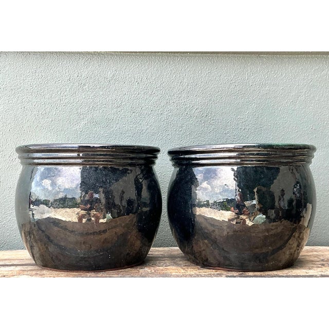 Vintage Ceramic Planters in Black Over Green Glaze - Set of 2 For Sale - Image 17 of 17