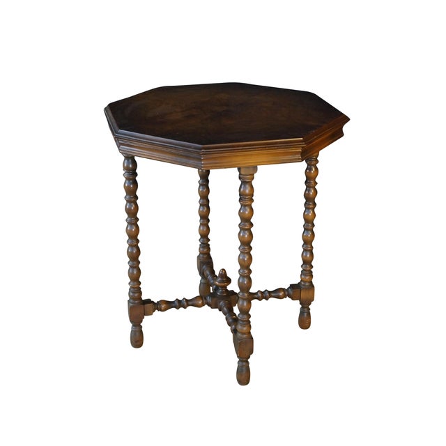 English Antique Jacobean Style Walnut Burl Octagonal Parlor Side Accent Table For Sale - Image 3 of 15