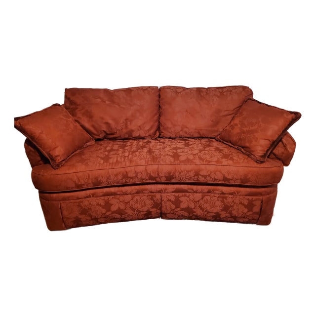Hickory Chair "Parkhurst" Curved Conversation Sofa in Pristine Red Woven Damask For Sale