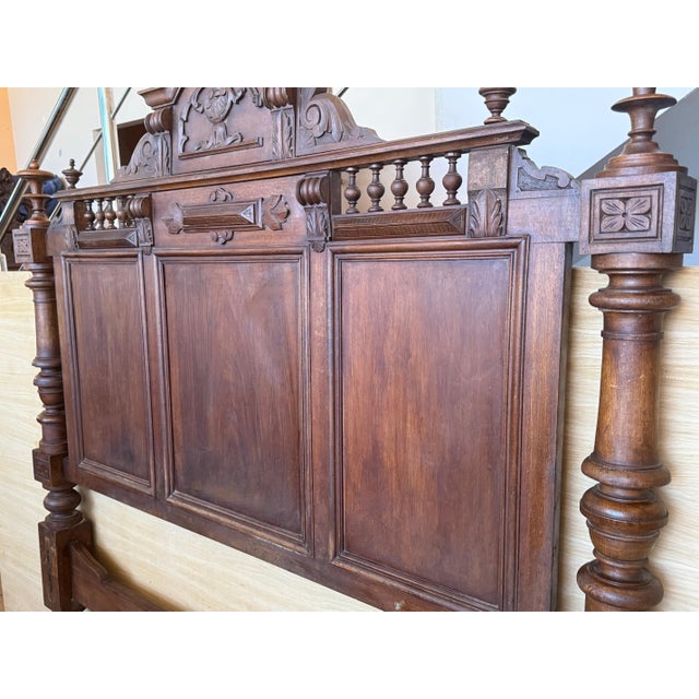 French Antique French Louis XVI Style Full/Queen Size Walnut Carved Bed Frame Baroque For Sale - Image 3 of 18
