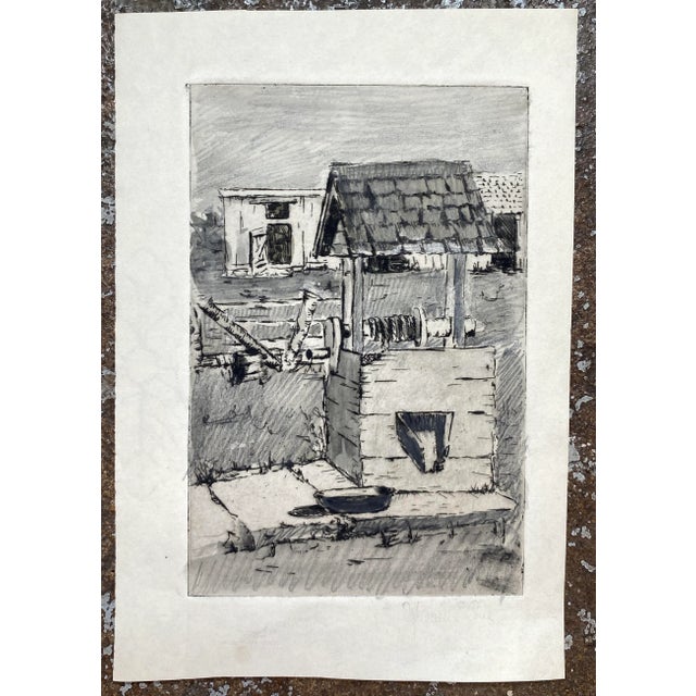 1940s etching of a well with hand corrections and shading. This is a trail proof etching with changes in pencil that would...