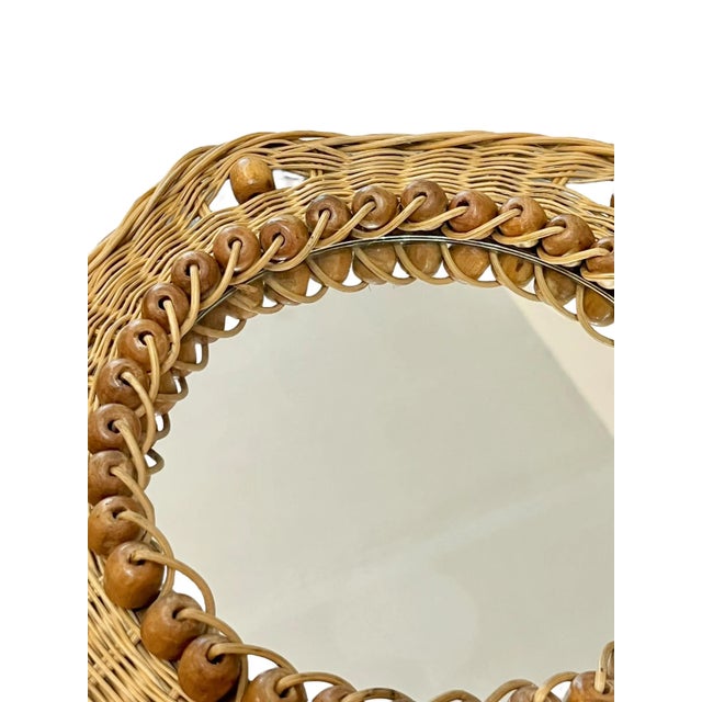 French French Mid-Century Sunburst Rattan & Wood Bead Round Wall Mirror For Sale - Image 3 of 13