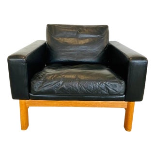 Vintage Danish Black Leather & Oak Lounge Chair by Poul M Volther for Erik Jørgensen, 1960s For Sale