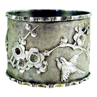 Aesthetic Movement Sterling Silver Birds Cherry Blossoms Chinese Export Napkin Ring For Sale