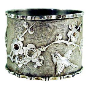 Aesthetic Movement Sterling Silver Birds Cherry Blossoms Chinese Export Napkin Ring