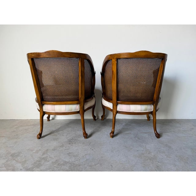1960s 1960s Vintage French Provincial Louis XV-Style Carved Walnut & Cane Club Chairs – Pair For Sale - Image 5 of 13