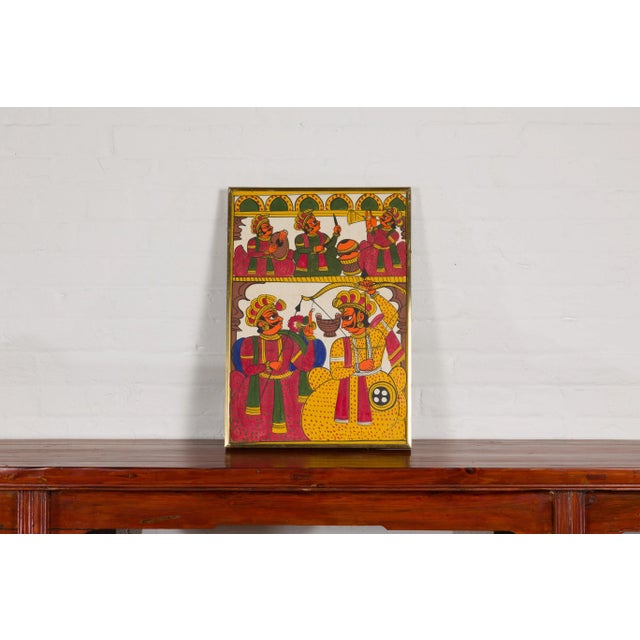 Early 20th Century Antique Hand Painted Indian Folk Art Musicians & Archers Painting For Sale - Image 5 of 12