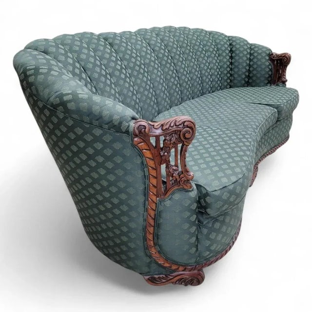 Art Deco Art Deco Carved Ornate Channel Back Curved Sofa, Lounge Chair and Ottoman for Reupholstery - Set of 3 For Sale - Image 3 of 12