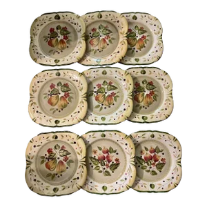 Tuscany Style Ceramic Plates -Green Fruit/Floral - Set of 9
