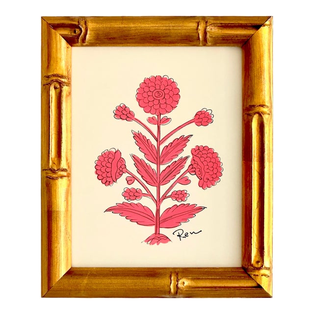 Hand-Painted Jaipuri Pink Floral Motif Painting For Sale