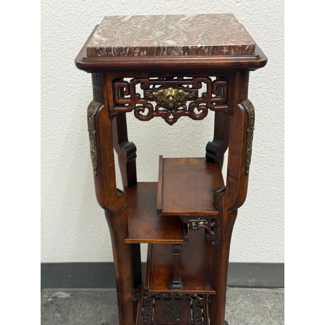 Chinoiserie Carved Wood Tiered Marble Top Stand, Vintage For Sale - Image 10 of 12