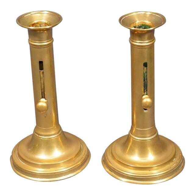 Pair of 19th Century French Brass Push-Up Candlesticks, Circa 1880 For Sale