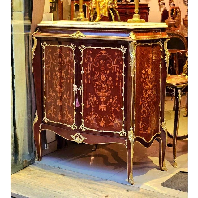 French French Louis XV Cabinet – Floral Marquetry With Marble Top & Hand-Applied Gold Leaf Details For Sale - Image 3 of 3