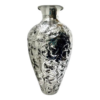 Vintage Hand Chased Foliate Repousse Middle Eastern Silver Metal Alloy Vase For Sale
