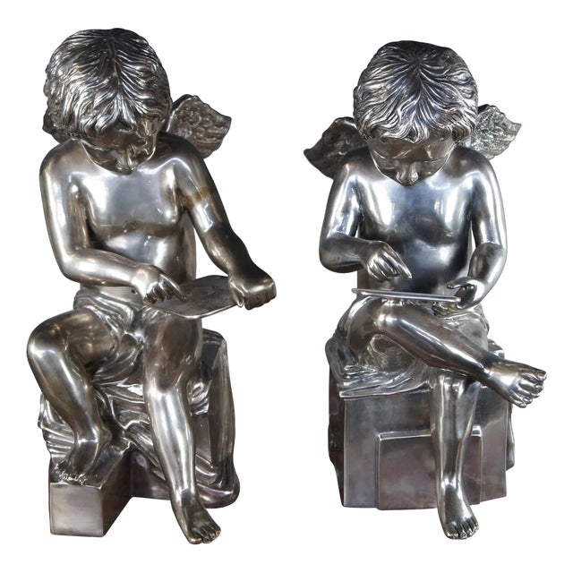 Set of 2 Vintage Large Neoclassical Silver Holloware Figural Cherub Angel Bookends Sculptures For Sale