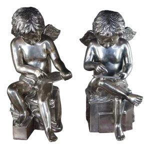 Set of 2 Vintage Large Neoclassical Silver Holloware Figural Cherub Angel Bookends Sculptures