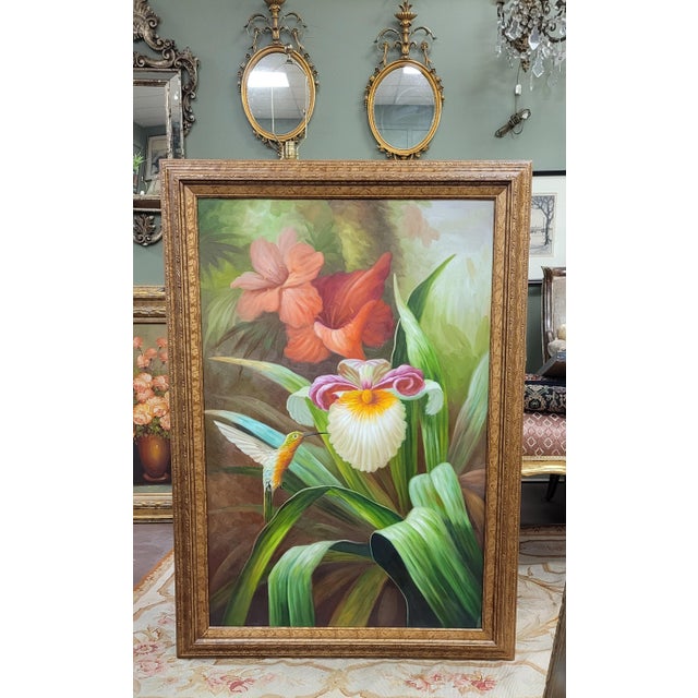 Textile 1980s Beautiful Hummingbird Oil Painting For Sale - Image 7 of 10