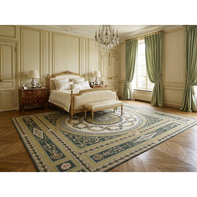 9x12 Vintage Aubusson Flat Weave Wool Rug, Green and Gold Empire Medallion For Sale - Image 15 of 15