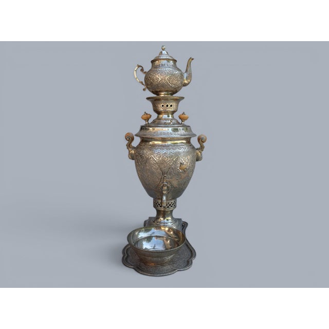 Vintage Islamic Brass Samovar Set with Silver Patina, 1920s For Sale - Image 3 of 18