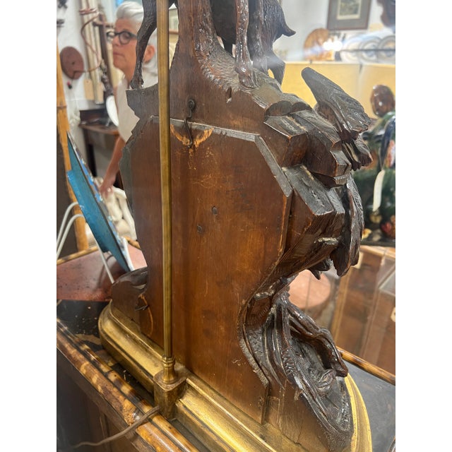 19th Century Black Forest Carved Clock Mounted Lamp With Cowhide Shade For Sale - Image 11 of 13