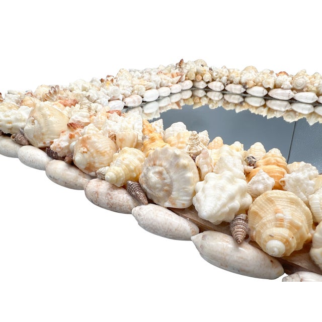 Off-white Signed Vintage Diamond-Shaped Seashell Shell Encrusted Wall Mirror – Coastal / Organic Modern For Sale - Image 8 of 13