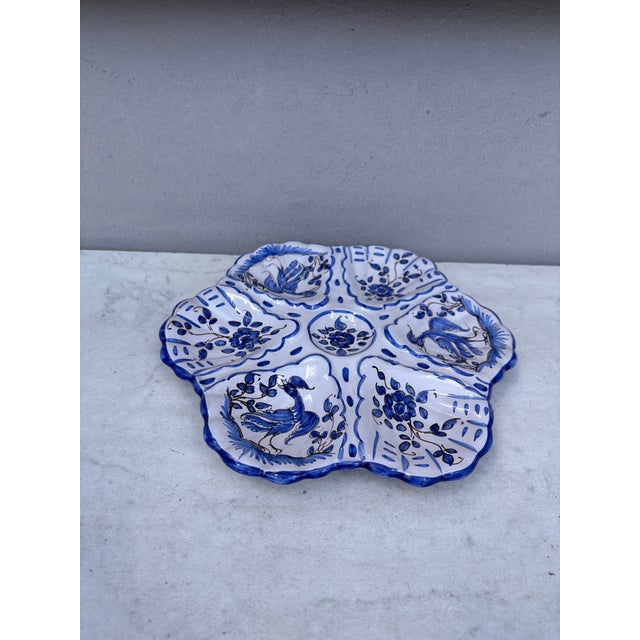 French blue & white Faience rustic oyster plate Moustiers style, circa 1940.