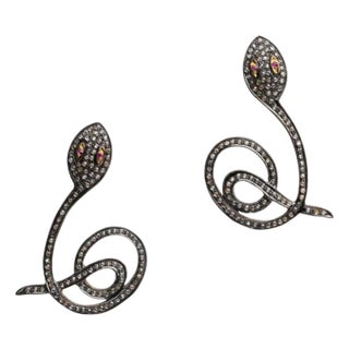 Diamond Coiled Snake Drop Earrings With Ruby Eyes For Sale