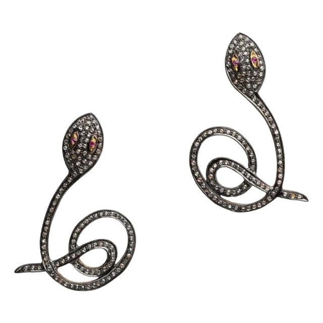 Diamond Coiled Snake Drop Earrings With Ruby Eyes For Sale