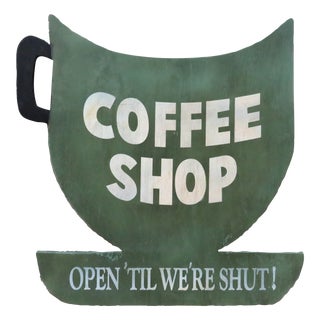 Vintage Figural Coffee Shop Open 'Til We're Shut Wood Sign For Sale