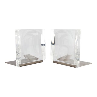 1960's Concave Lens Lucite and Brushed Steel Bookends For Sale