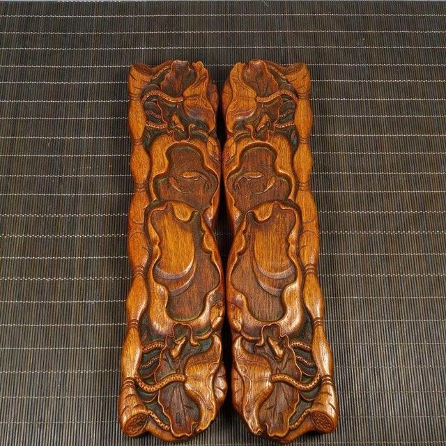 Brown Pair of Carved Rosewood Paperweights With Lotus Leaf Motif - Asian Scholar's Objects For Sale - Image 8 of 9
