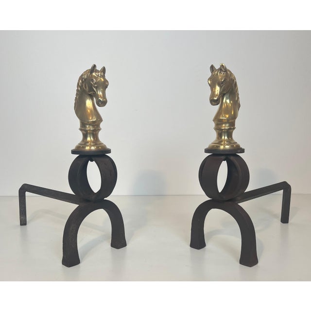 Important pair of bronze and wrought iron andirons representing horse heads For Sale - Image 12 of 12