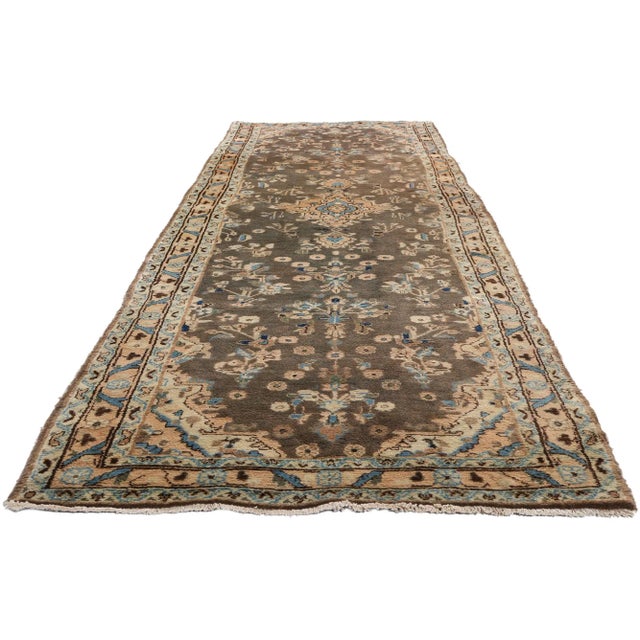 Mid-Century Modern Vintage Earth-Tone Persian Hamadan Rug Runner, 03'11 X 13'02. For Sale - Image 3 of 10