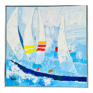 1960s Rare Kyung Kim Huge Mid Century Modern Vibrant Racing Schooner Sailboat Nautical Fine Art Oil Painting